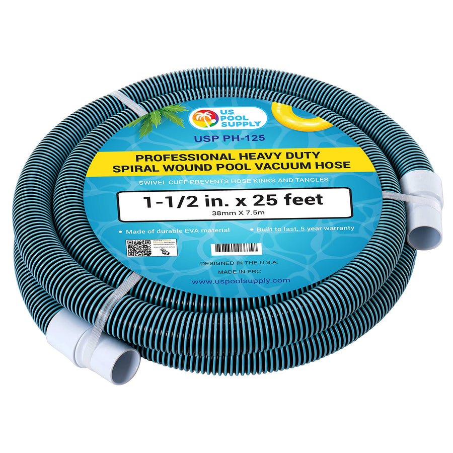 1-1/2 x 25 Foot Professional Heavy Duty Spiral Wound Swimming Pool Vacuum Hose with Kink-Free Swivel Cuff, Flexible - Connect to Vacuum Heads, Skimmer, Filter Pump Inlet, Accessories