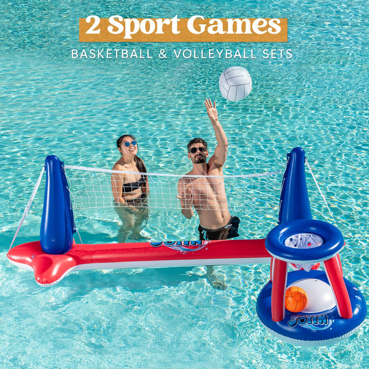 Inflatable Pool Float Set Volleyball Net & Basketball Hoops, Balls Included for Kids and Adults Swimming Game Toy, Summer Floaties, Volleyball Court |Basketball,L-Red