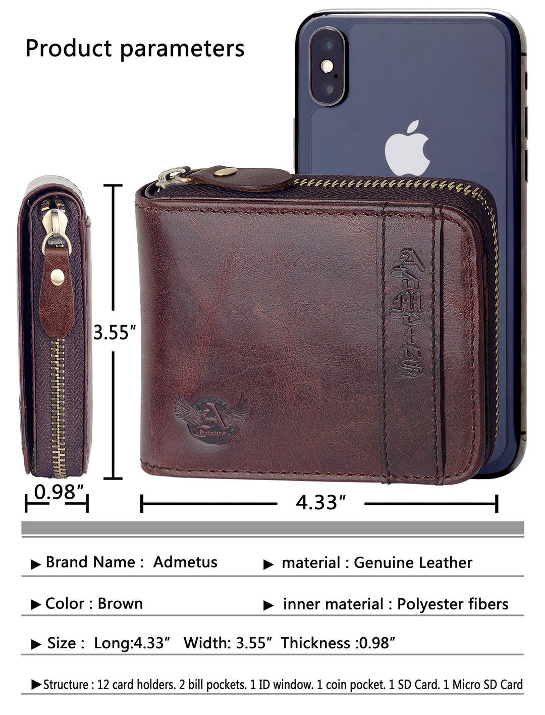 Wallet for Men Leather Zipper Bifold Wallet RFID Blocking Credit Card Holder with Gift Box Brown