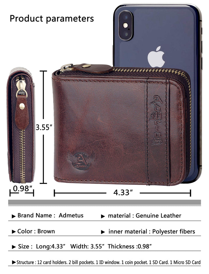 Wallet for Men Leather Zipper Bifold Wallet RFID Blocking Credit Card Holder with Gift Box Brown
