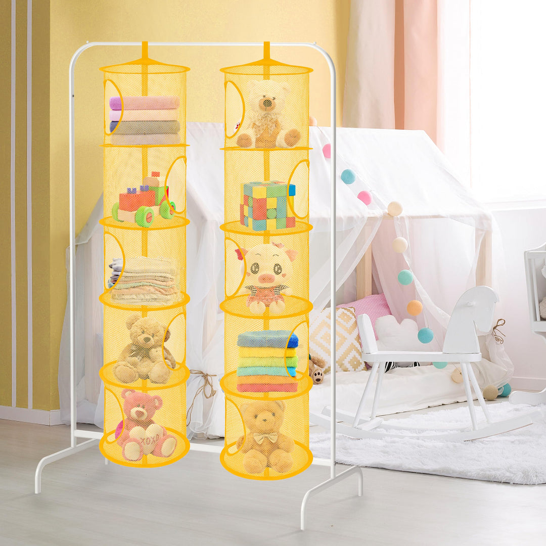 Mesh Hanging Storage Space Saver Bags Organizer,Foldable Storage Organizer 5 Compartments Toy Storage Basket for Kids Room Bathroom 2 Sets Yellow
