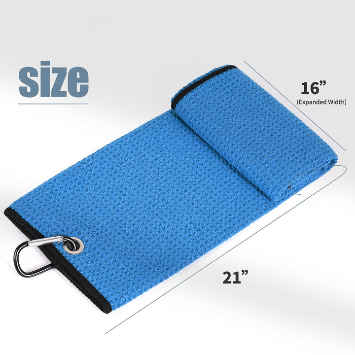Tri-fold Golf Towel | Premium Microfiber Fabric | Waffle Pattern | with Heavy Duty Carabiner Clip | Golf Towel for Men and Women (BlueGolf Towel)