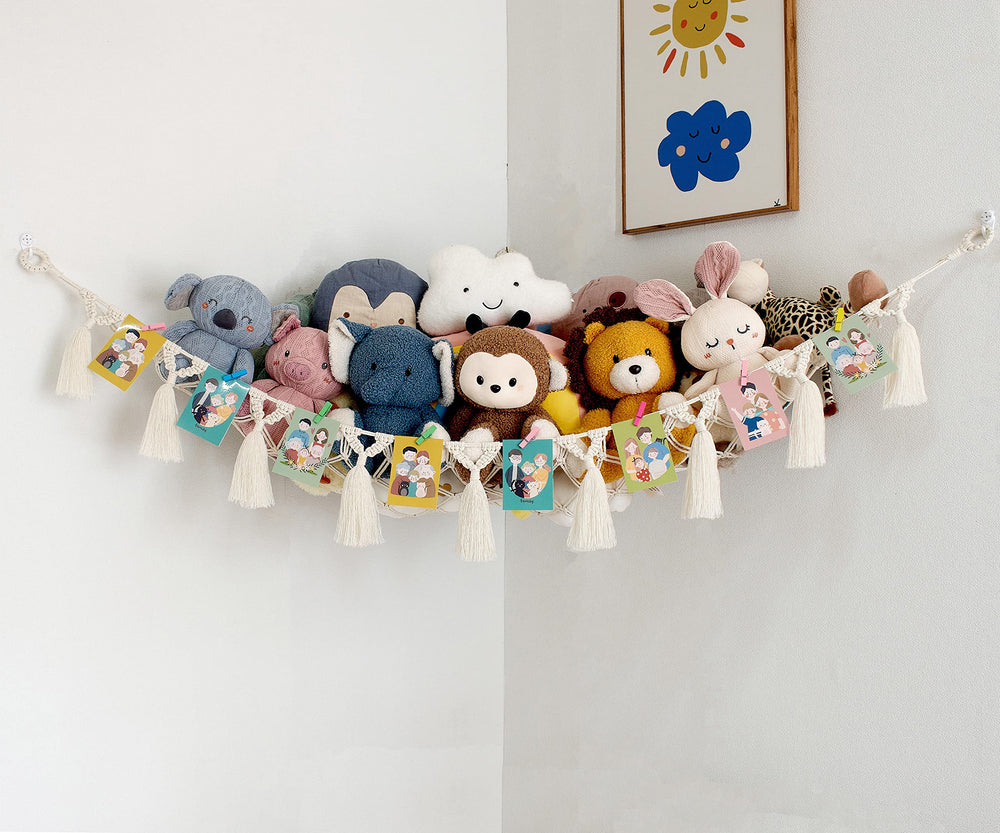 Stuffed Animal Net or Hammock – Decorative Macrame Toy Hammocks for Kids Toys, Large Soft Net with LED Start Light String, Wall Hanging Hooks, and Wooden Photo Display Clips, Toy holder
