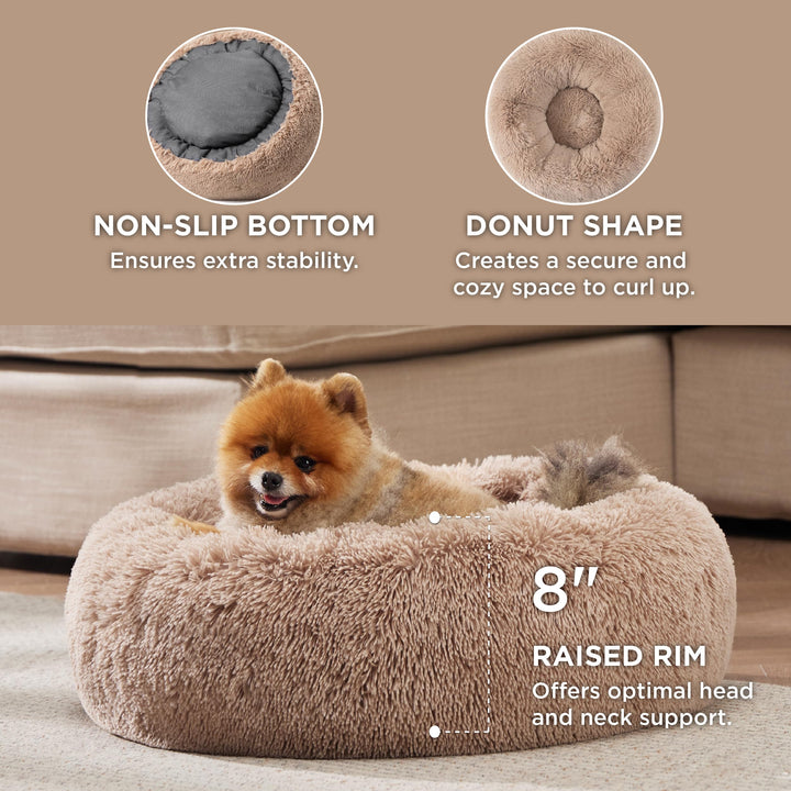 Calming Dog Bed for Small Dogs - Donut Washable Small Pet Bed, 23 inches Anti-Slip Round Fluffy Plush Faux Fur Large Cat Bed, Fits up to 25 lbs Pets, Camel