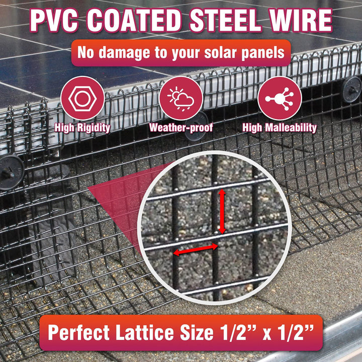 6x120FT Solar Mesh Screen for Bird Proofing Solar Panels, Solar Panel Bird Guard & Black PVC Coated Galvanized Steel with 60 Fastener Solar Panel Clips, Cutting Scissor & Gloves Included