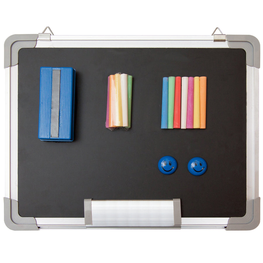 Chalkboard Set - Small Black Board 15 x 12 + 1 Magnetic Chalk Eraser, 14 Chalk Sticks (7 Colors) and 2 Magnets - Mini Hanging Wall Message Sign Blackboard for Home Office Kids (15x12 Landscape)
