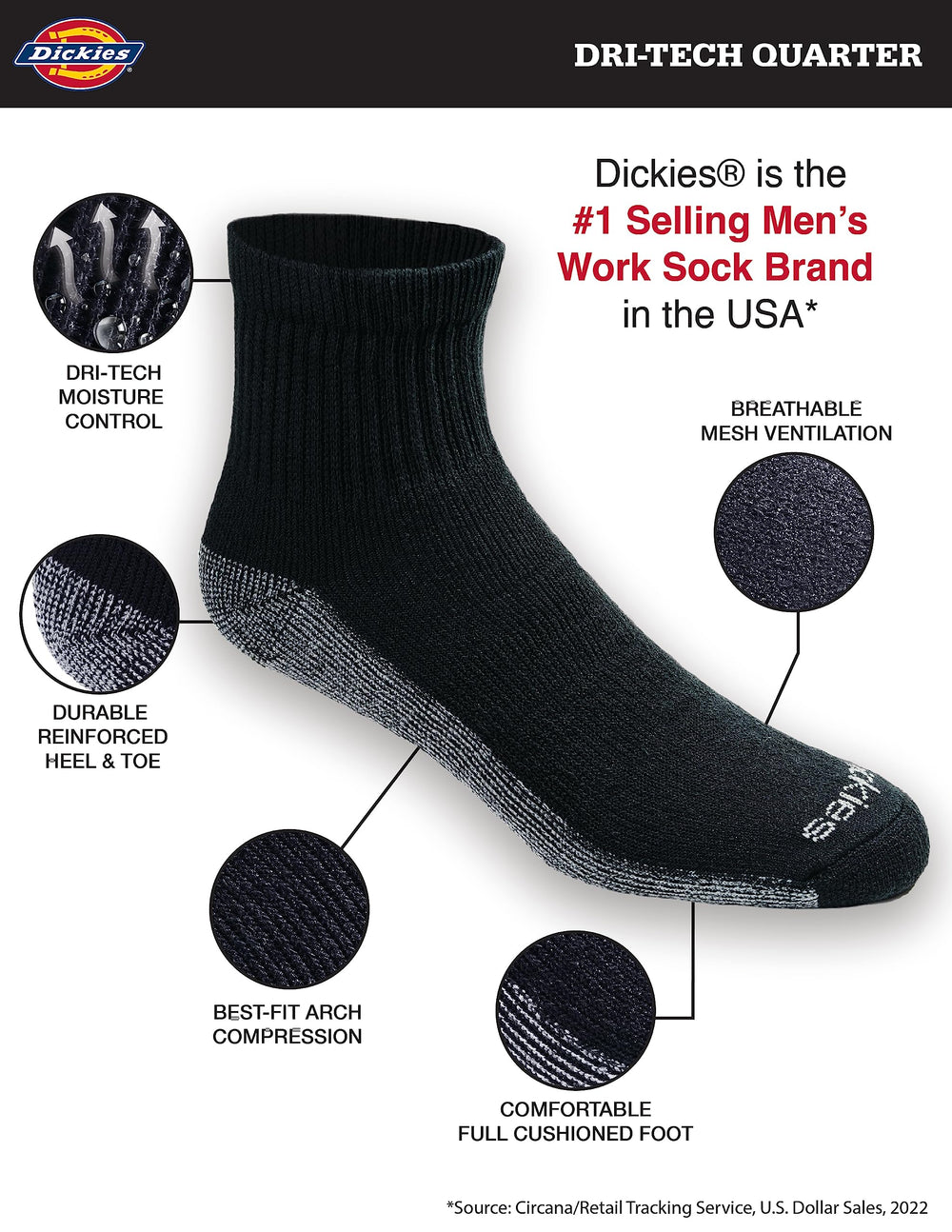 Men's Dri-Tech Moisture Control Quarter Socks, Available in M-XXL (6, 12, 18, Black (6 Pairs), Medium