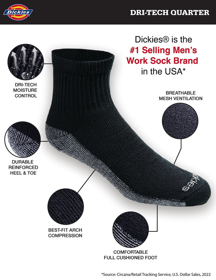 Men's Dri-Tech Moisture Control Quarter Socks, Available in M-XXL (6, 12, 18, Black (6 Pairs), Medium