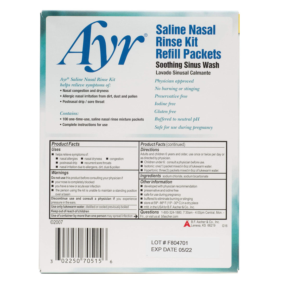 Ayr Saline Nasal Rinse Kit Refill Packets, 100-Count Packets (Pack of 2)