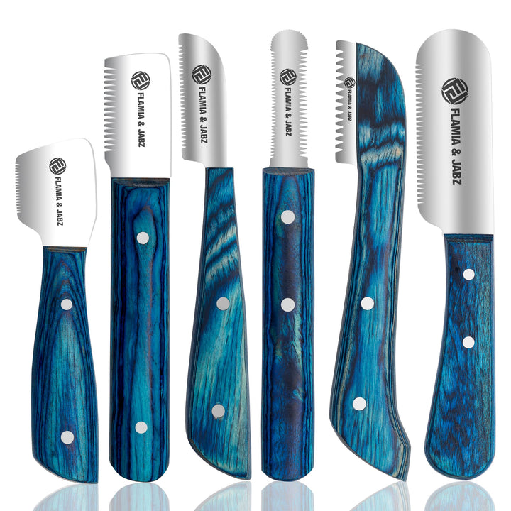 FLAMIA & JABZ FJ Professional Stripping Knife kit (6 pieces set) for Dogs & Pets, Wooden Handle Grip with Stainless Steel Blade (Right handed) (Blue)