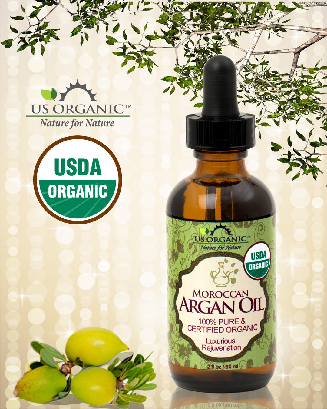 Moroccan Argan Oil, USDA Certified Organic,100% Pure & Natural, Cold Pressed Virgin, Unrefined, 2 Oz in Amber Glass Bottle, for Hair treatment, Skin, Nail, Cuticle, Sourced from Morocco.