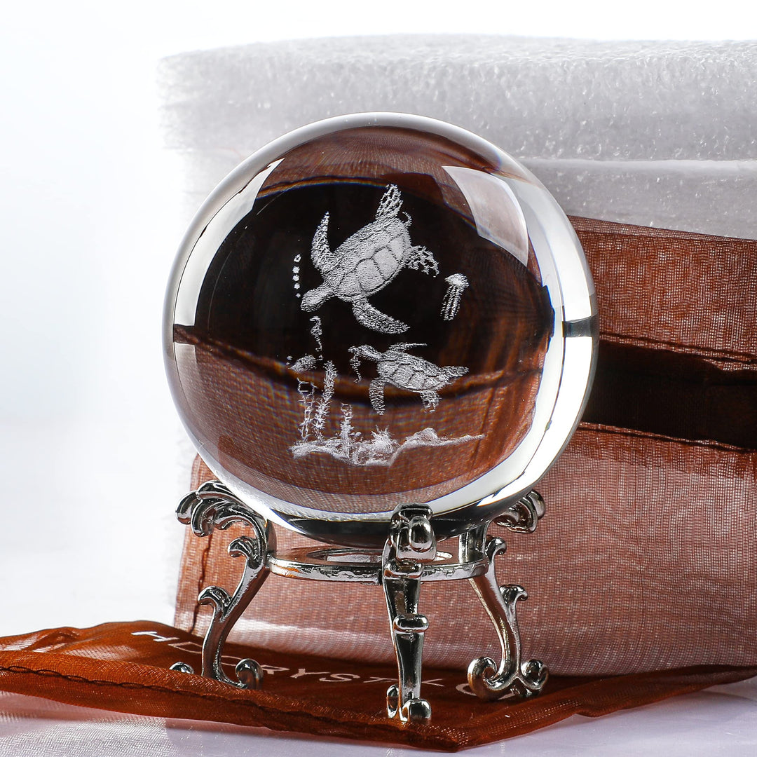 60mm 3D Glass Laser Sea Turtle Ball Paperweights 2.3inch Crystal Ball with Stand Table Decoration for Home Turtles Gifts for Kids Women