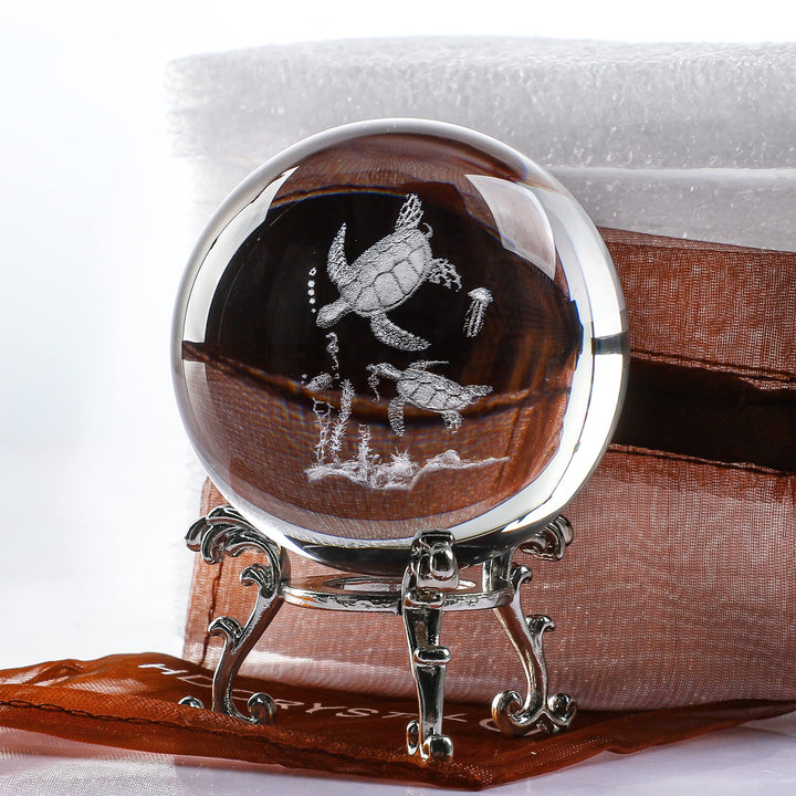 60mm 3D Glass Laser Sea Turtle Ball Paperweights 2.3inch Crystal Ball with Stand Table Decoration for Home Turtles Gifts for Kids Women