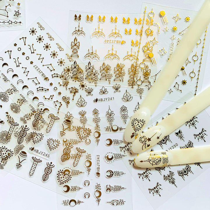 24 Sheets Nail Art Adhesive Gold Color Sticker Sheets Moon Star Universal Flower Shapes Sticker Sheets Nail Art Deco 10057