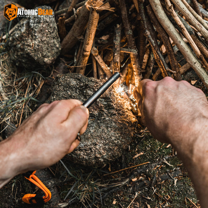 Fire Starter Survival Tool - Flint and Steel Fire Starter with Paracord, Emergency Whistle, Tinder and Waterproof Container to Start Campfires in Wilderness - Essential Hiking Gear