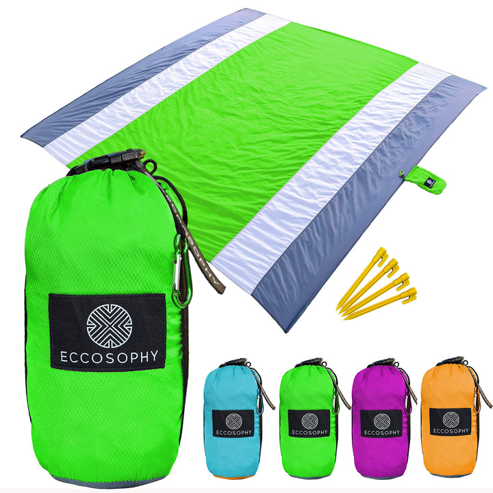 Sandproof Beach Blanket - Oversized Sand Free Beach Mat 9'x10' - Lightweight Outdoor Picnic Blanket Anchored with 4 Corner Sand Pockets & Plastic Stakes - Heat Proof, Quick Drying & Compact