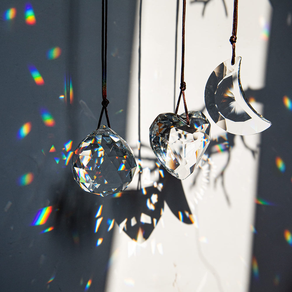 Clear Suncatcher Crystal Prism Ball Heart Moon Window Decor Ornament,Hanging Crystals Prisms for Car Garden,Pack of 3