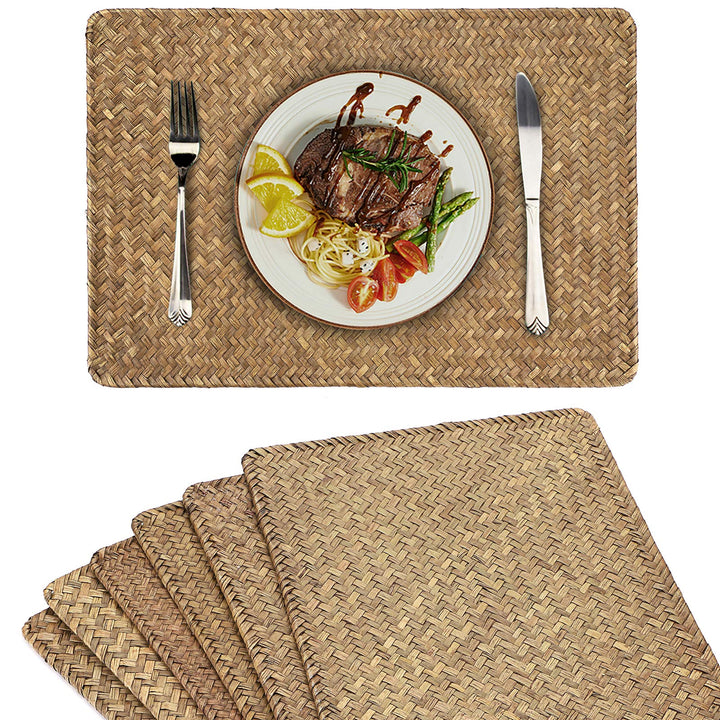Pack of 6 Natural Seagrass Placemats Woven Rattan Place Mat Rectangular Table Mats, 17 x 12 Sea Grass Meal Placemat Bamboo Place Mats for Dining Table Home Kitchen Picnic Table Decor (Coffee)