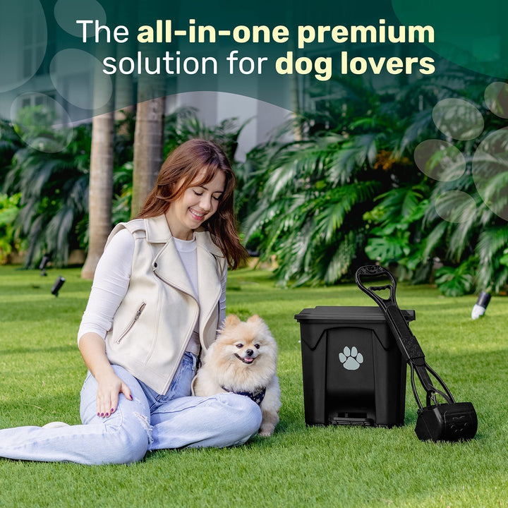 USA Fully Assembled Outdoor Dog Poop Trash Can with Lid and Removable Inner Waste Bin. Includes Long Handle Claw Pooper Scooper. A Portion of Every Sale Donated to Help Animals in Need.