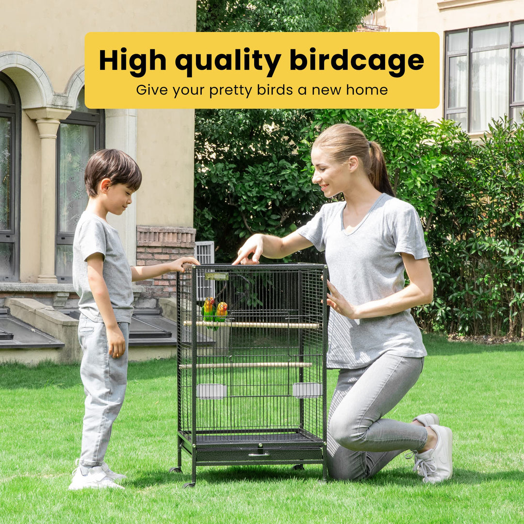 30 Inch Height Wrought Iron Bird Cage with Rolling Stand for Conures Lovebirds Cockatiels Finches, Black