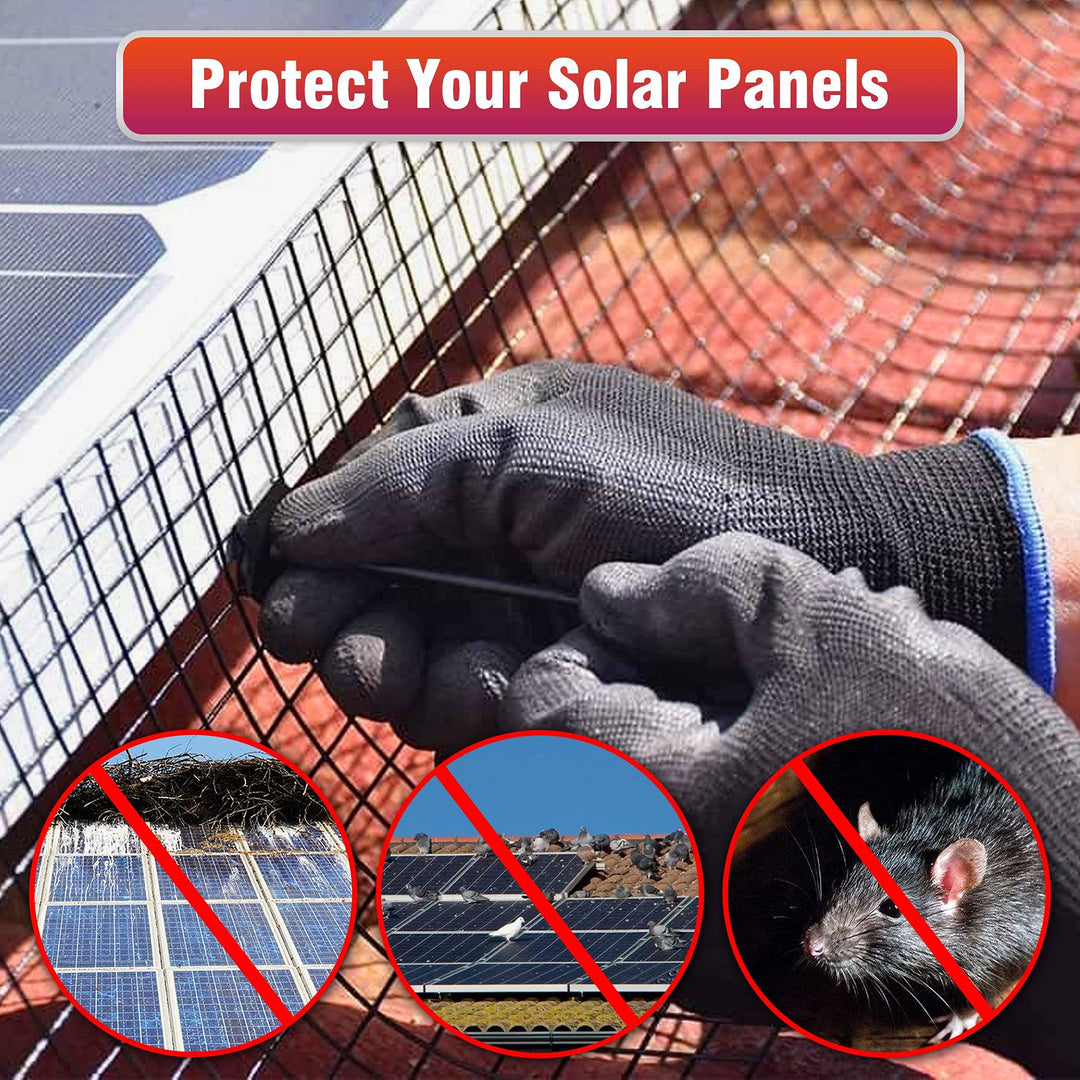 6x120FT Solar Mesh Screen for Bird Proofing Solar Panels, Solar Panel Bird Guard & Black PVC Coated Galvanized Steel with 60 Fastener Solar Panel Clips, Cutting Scissor & Gloves Included