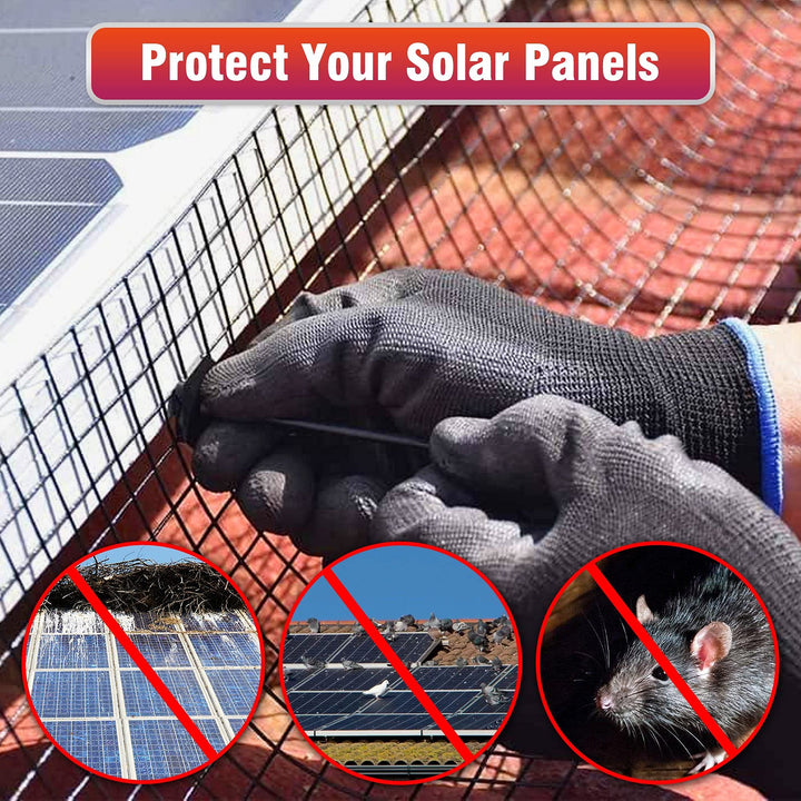 6x120FT Solar Mesh Screen for Bird Proofing Solar Panels, Solar Panel Bird Guard & Black PVC Coated Galvanized Steel with 60 Fastener Solar Panel Clips, Cutting Scissor & Gloves Included