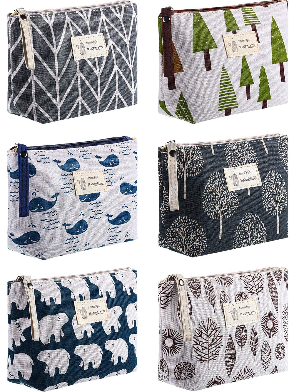 6 Pieces Canvas Cosmetic Bags Pouches for Purse with Zipper Printed Makeup Bag Multi Function Canvas Travel Pouch Organizer Pouch for Women Vacation Travel, 6 Styles(Tree Style)