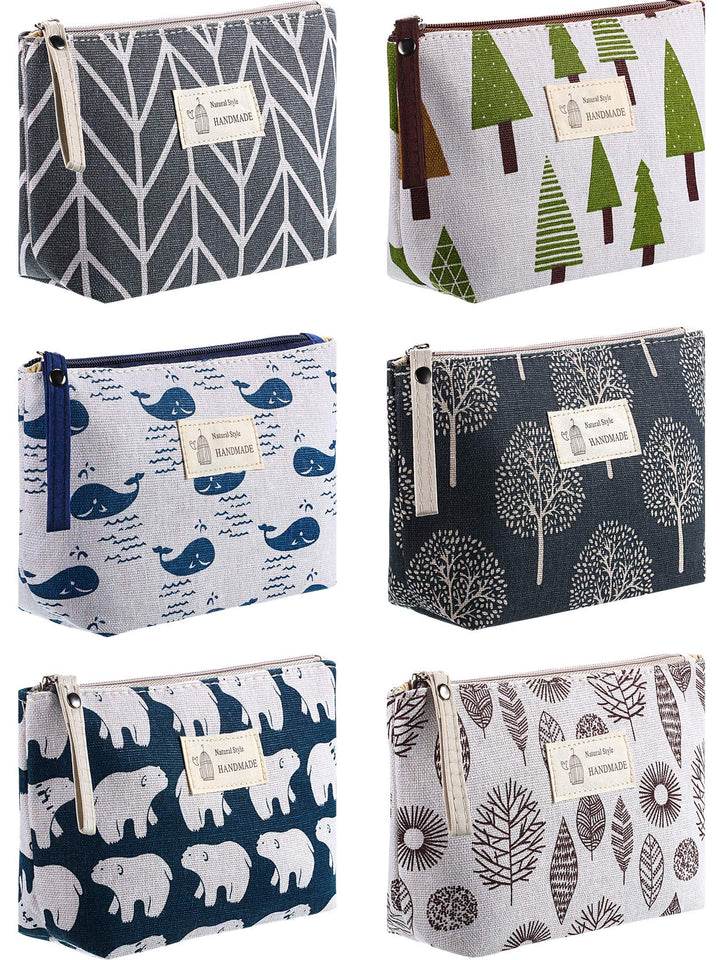 6 Pieces Canvas Cosmetic Bags Pouches for Purse with Zipper Printed Makeup Bag Multi Function Canvas Travel Pouch Organizer Pouch for Women Vacation Travel, 6 Styles(Tree Style)