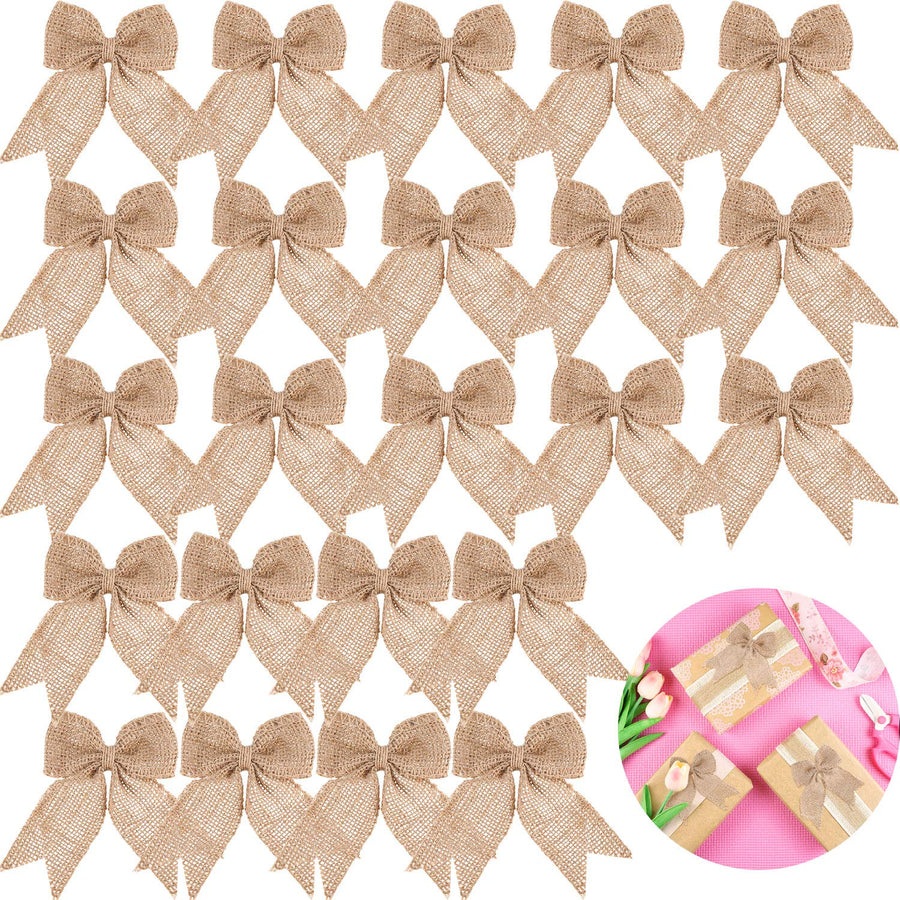 30 Pieces Burlap Bows Burlap Bow Knot Handmade Burlap Decorative Bowknot Natural Ornament Bow for Christmas Decorate Tree Festival Holiday Party Supplies