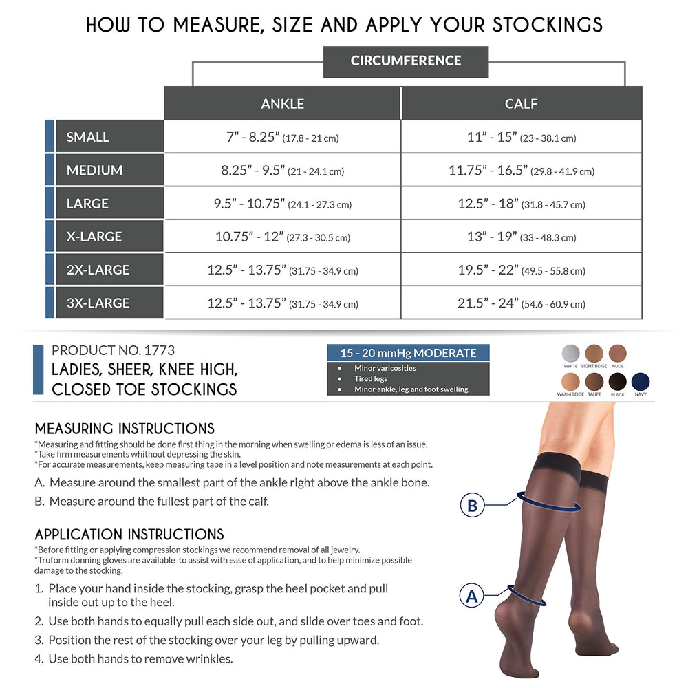 Truform Women's 15-20 mmHg Sheer Knee High Compression Stockings, Nude, X-Large