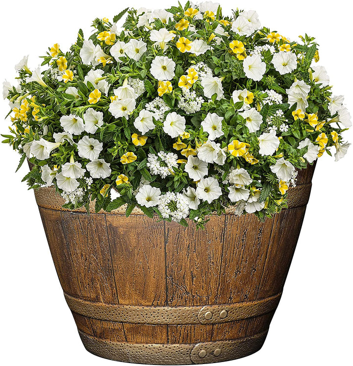 Whiskey Plastic Resin Flower Pot Barrel Planter, Oak Brown, 15