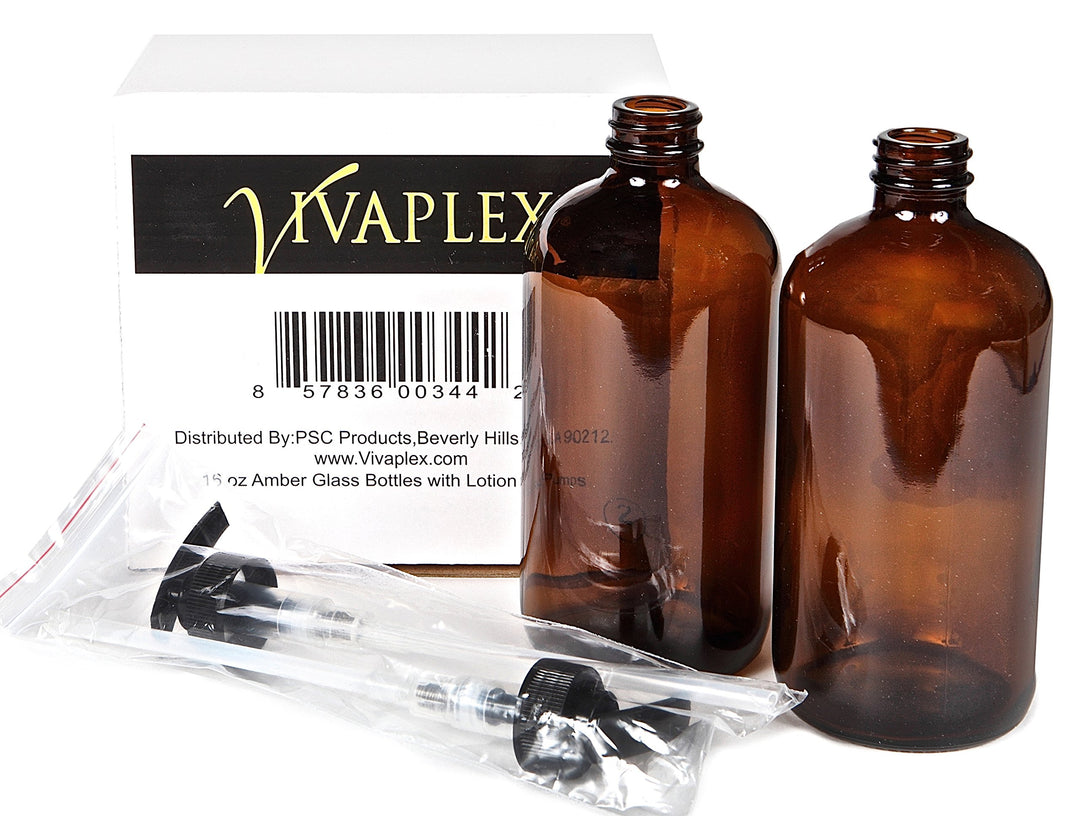 , 2, Large, 16 oz, Empty, Amber Glass Bottles with Black Lotion Pumps