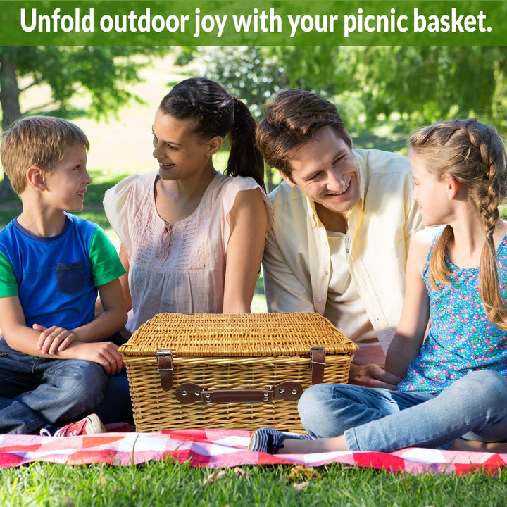 Picnic Basket, Wicker Basket with Handle for Outdoors, Insulated Woven Basket, Includes a Service Kit of Dinnerware & Wine Glasses, Picnic Basket Set for 4, Red & White