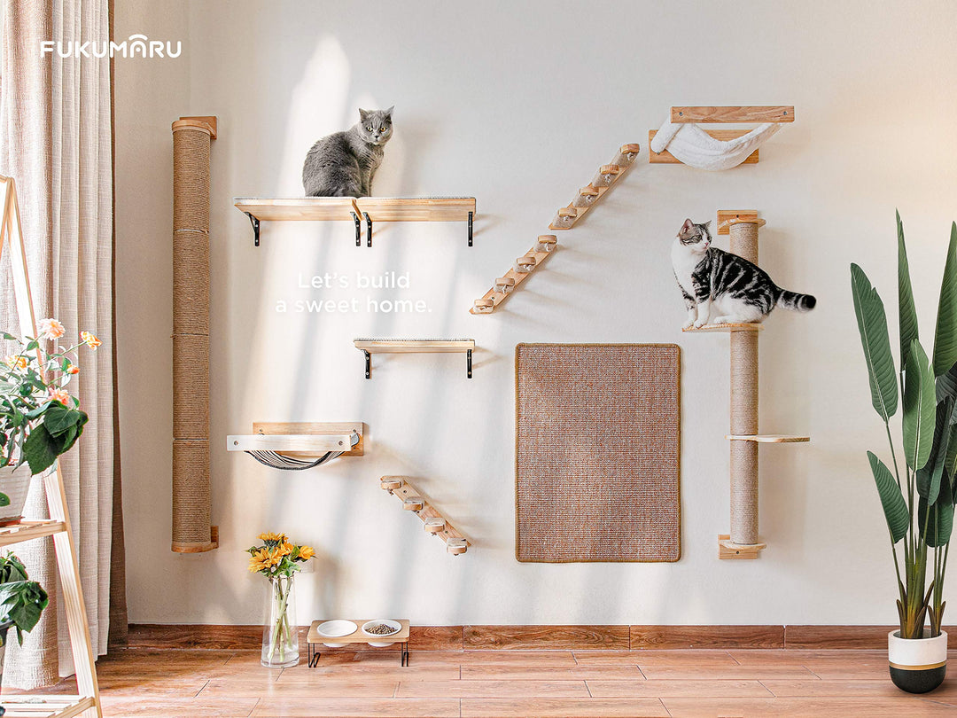 Cat Climbing Shelf Wall Mounted, Four Step Cat Stairway with Jute Scratching for Kitten Perch Platform Walls Furniture - Left to Right