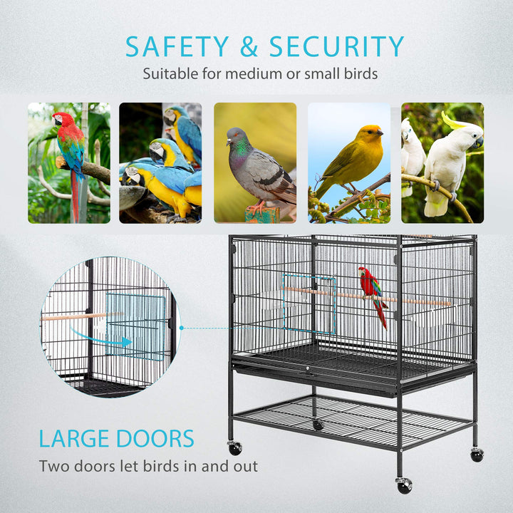 53 Inch Wrought Iron Large Bird Cage with Rolling Stand for Parrots Conures Lovebird Cockatiel Parakeets Black