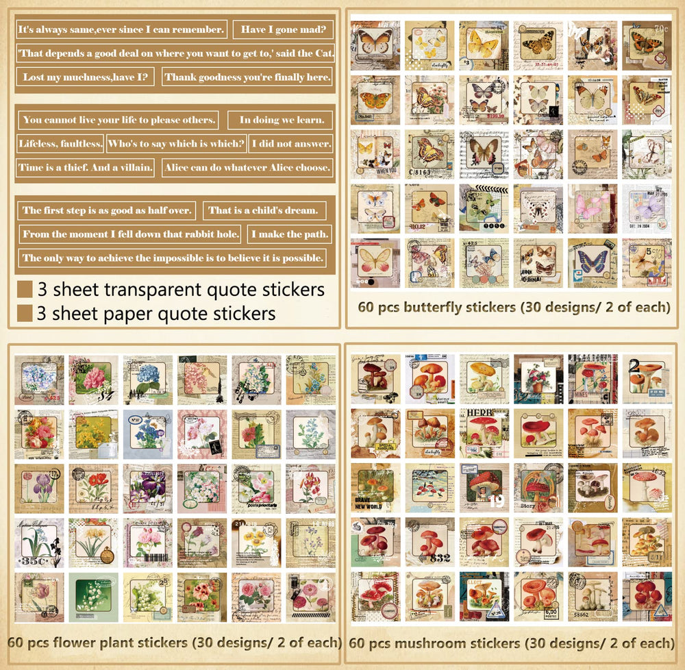 372 Pcs Aesthetic Stickers for Journaling Scrapbook Stickers Vintage Journaling Scrapbooking Supplies Kit with Quote Stickers for Bullet Journals Junk Journal Planners Craft Album