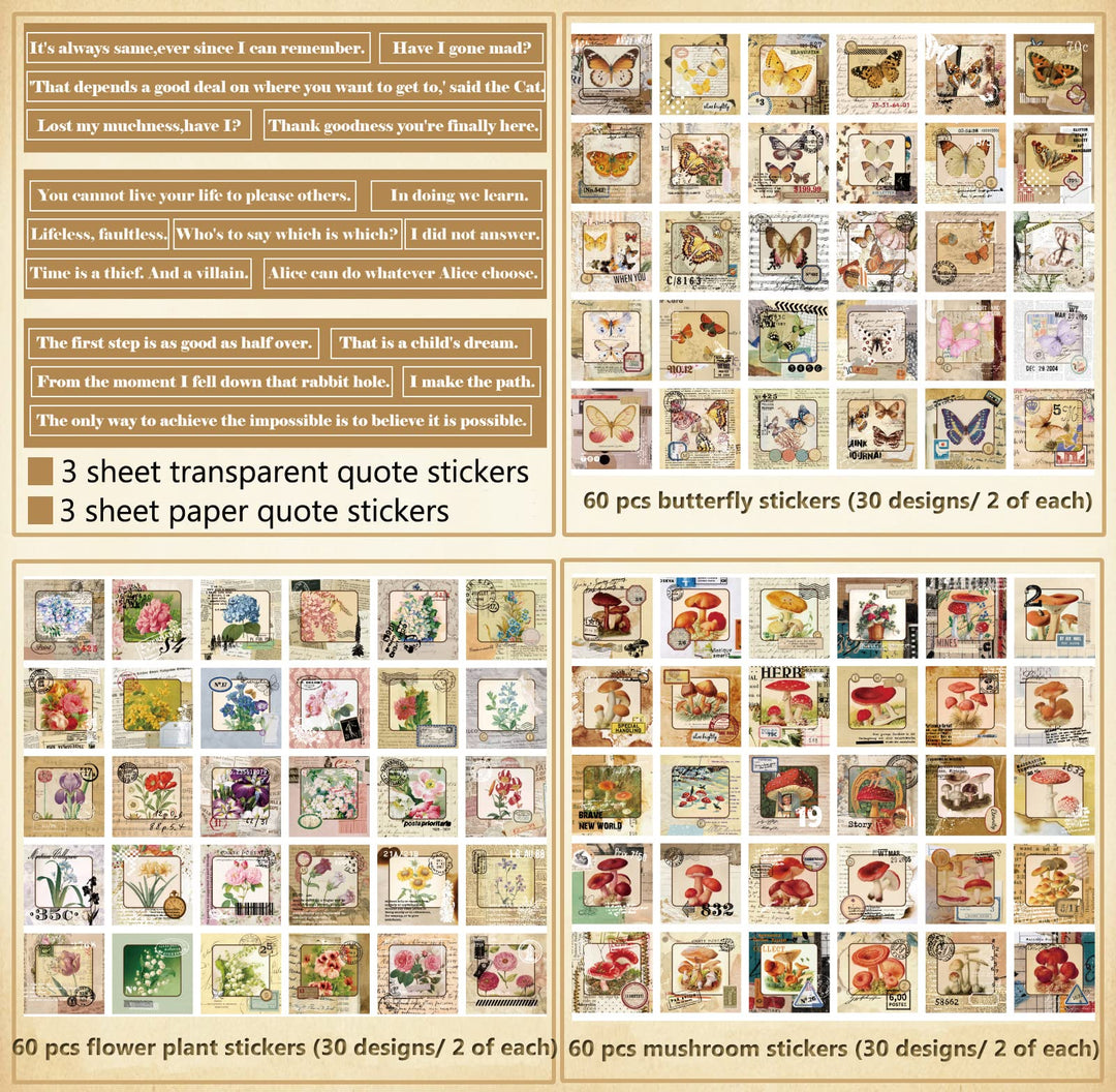 372 Pcs Aesthetic Stickers for Journaling Scrapbook Stickers Vintage Journaling Scrapbooking Supplies Kit with Quote Stickers for Bullet Journals Junk Journal Planners Craft Album