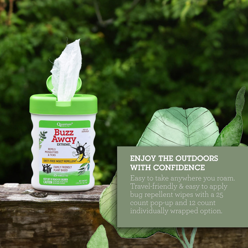Health Buzz Away Extreme Towelettes - DEET-free Insect Repellent Wipes, Essential Oils - Pop Up Dispenser, Small Children and Up, 25 Count