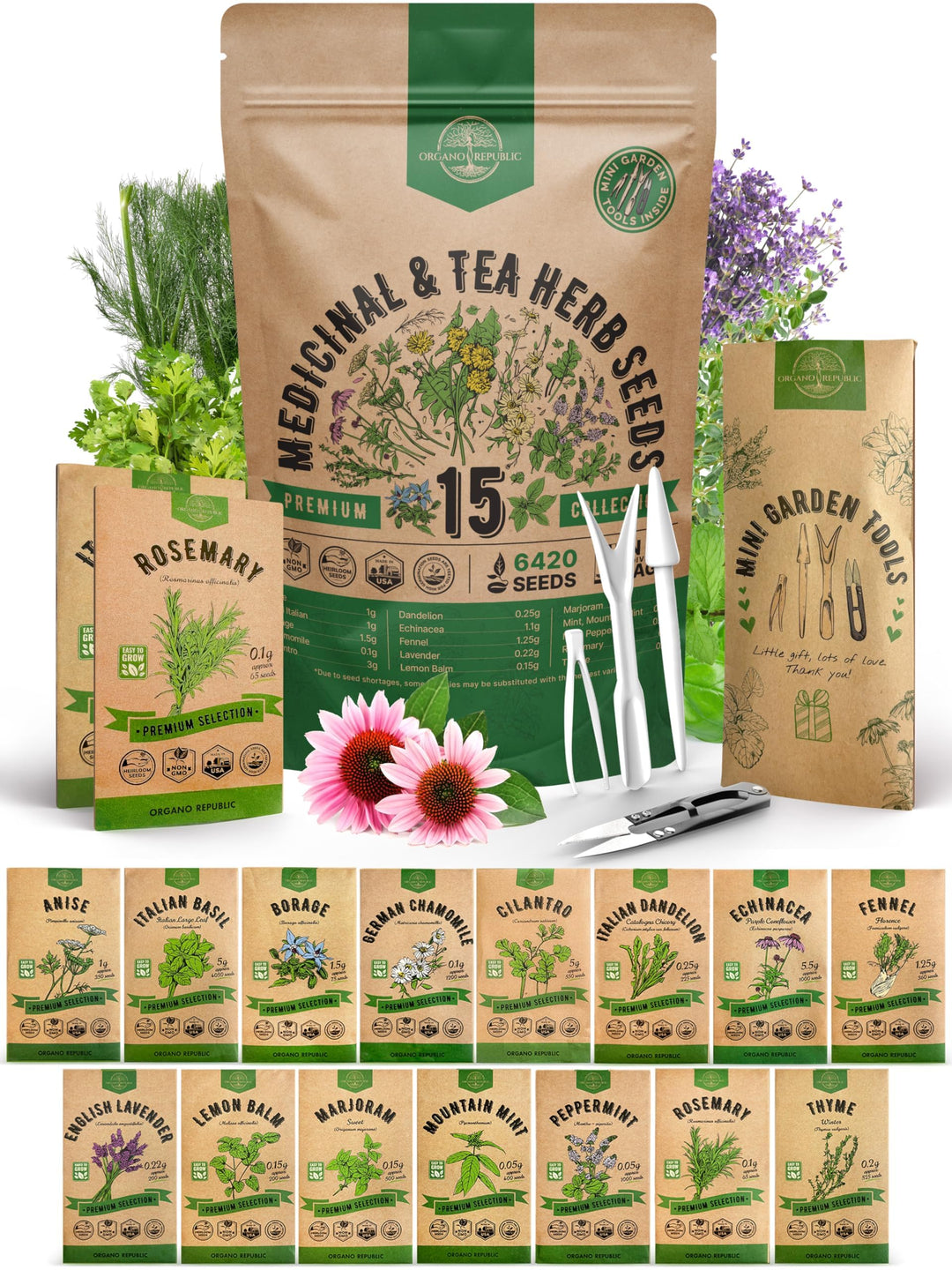 15 Medicinal & Tea Herb Seeds Variety Pack 6,420+ Non-GMO Heirloom Garden Seeds for Indoor & Outdoors, Including Anise, Borage, Cilantro, Chamomile, Dandelion, Rosemary Seeds