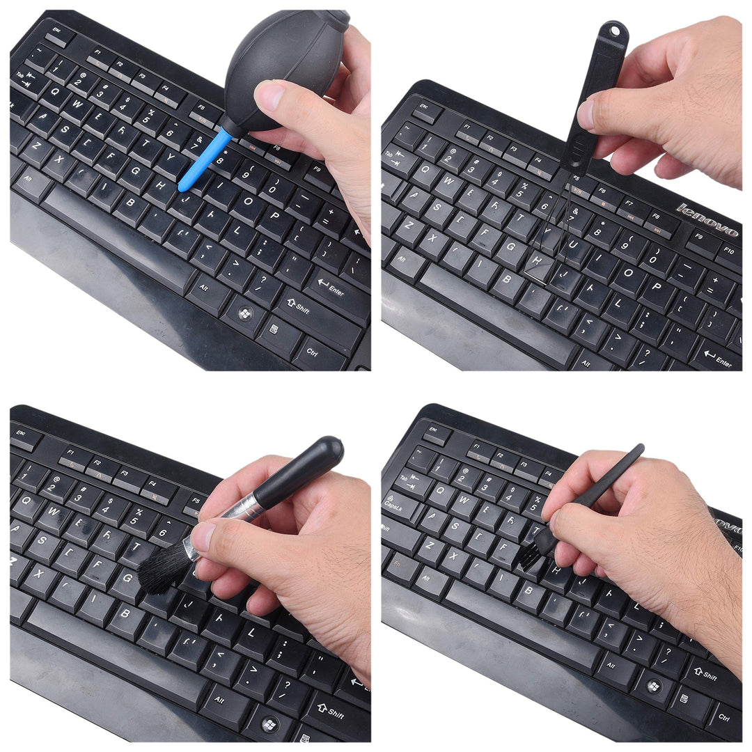 Keyboard Cleaning Kit - 1x Mini Brush, 1x Cleaning Brush, 1x Keyboard Cap Remover, 1x Air Blower and 1x Cleaning Cloth - Also for Laptops, Camera Lenses, Glasses - Home and Office