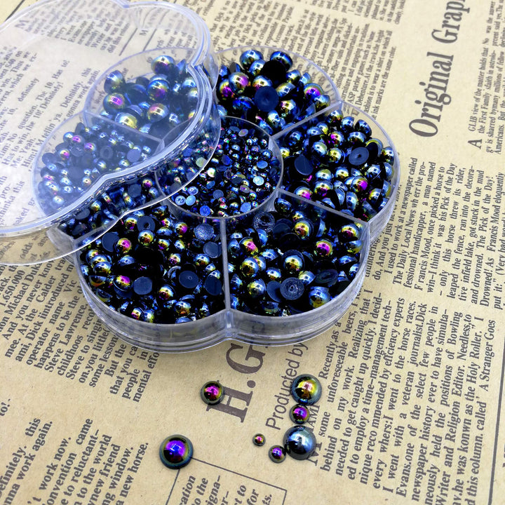 Amaney 2100pcs Black AB Satin Luster ABS Imitation Pearls Half Round Pearls Assorted Mixed Sizes 3/4/5/6/8mm Flatback Pearl Beads DIY Material (Black AB)