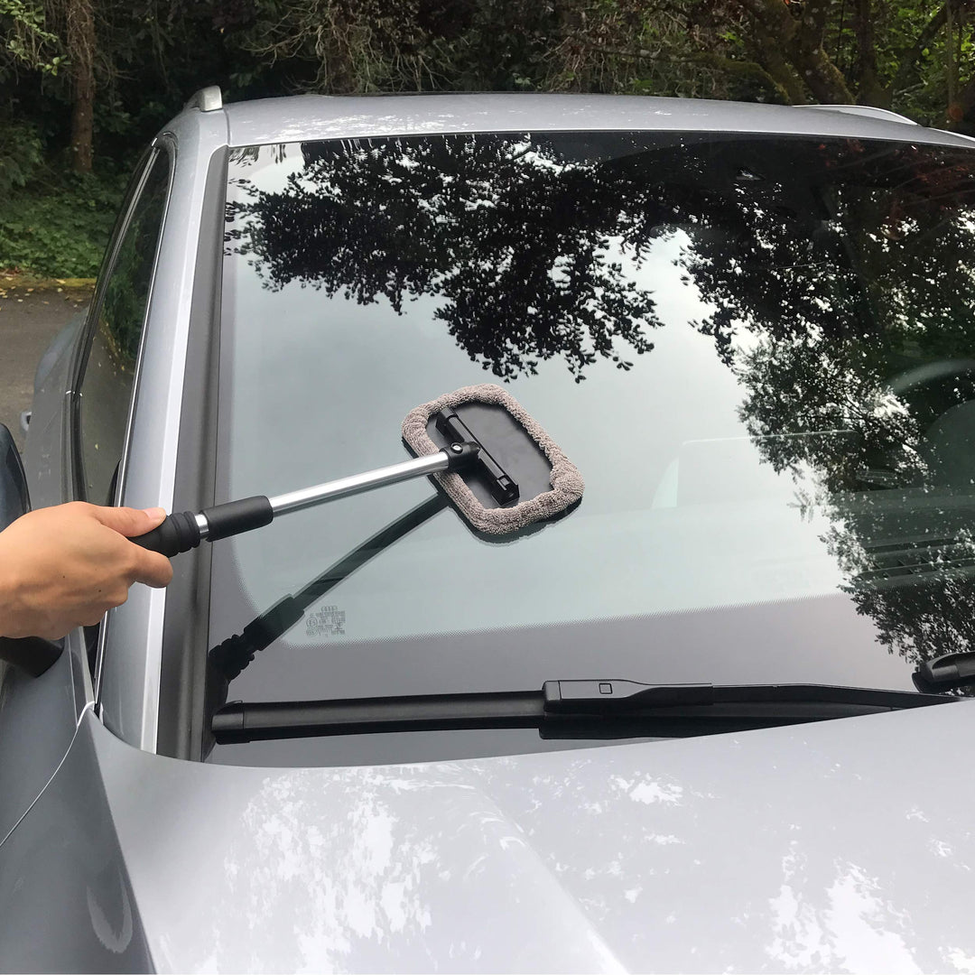 Pivoting Windshield Glass Cleaning Tool Extendable Aluminum Handle w/3 Premium Microfiber Covers