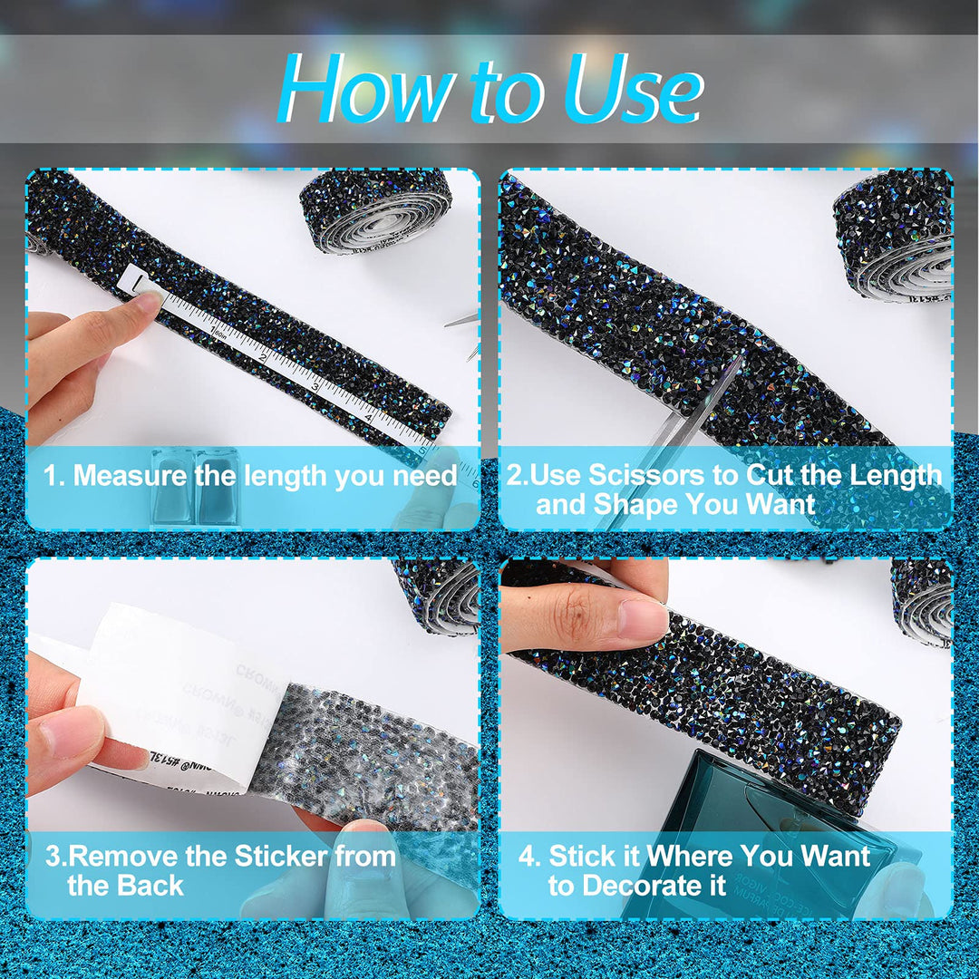 Bling Crystal Rhinestone Ribbon, DIY Self-Adhesive Rhinestone Sticker Ribbon for Wedding Cakes Birthday Crafts Decorations(Black,0.6 Inch Wide)
