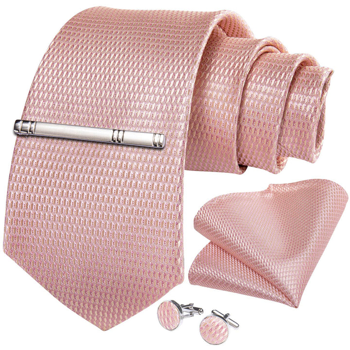 Plaid Ties for Men Silk Checkered Necktie and Pocket Square Cufflinks Tie Clip Set with Gift Box for Wedding Business, Rose Gold
