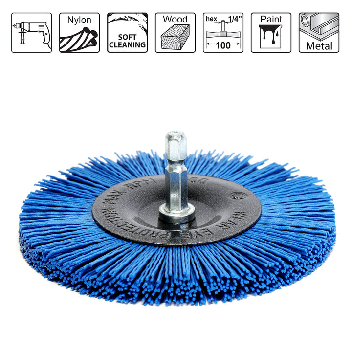 S&R Nylon - Disc Brush, Wire Brush Drill Bit 100 mm/ 4, Hexagonal Shaft 1/4' (6.35 mm) with FINE-Nylon-Wire for Cleaning and polishing Wood and Metal
