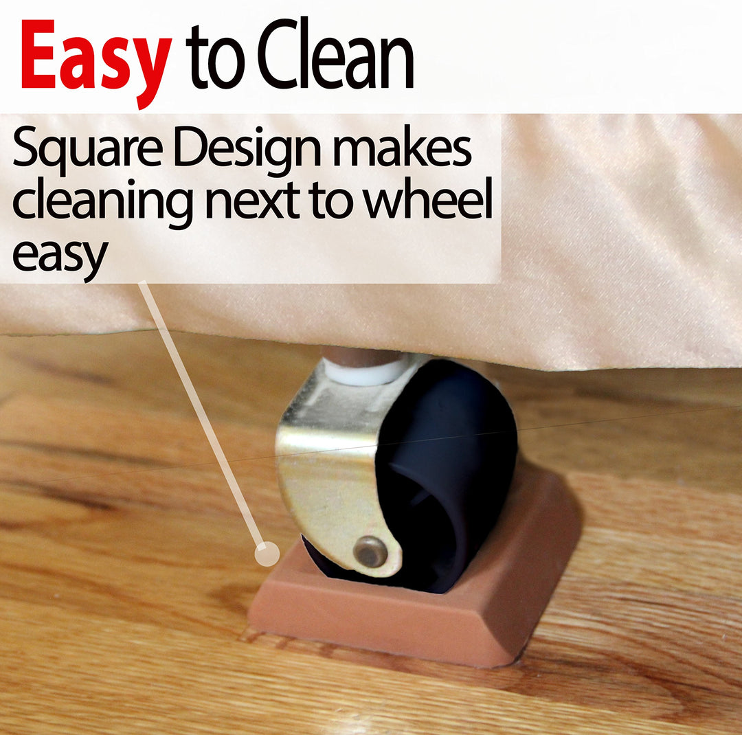 Bed Stopper/Furniture Stopper (4 Pieces) ®, Universal Design fits Most Wheels, Solid Rubber Bed Frame Wheel Stoppers, Won't Scratch/Leave Marks on Floors. Patent Pending.