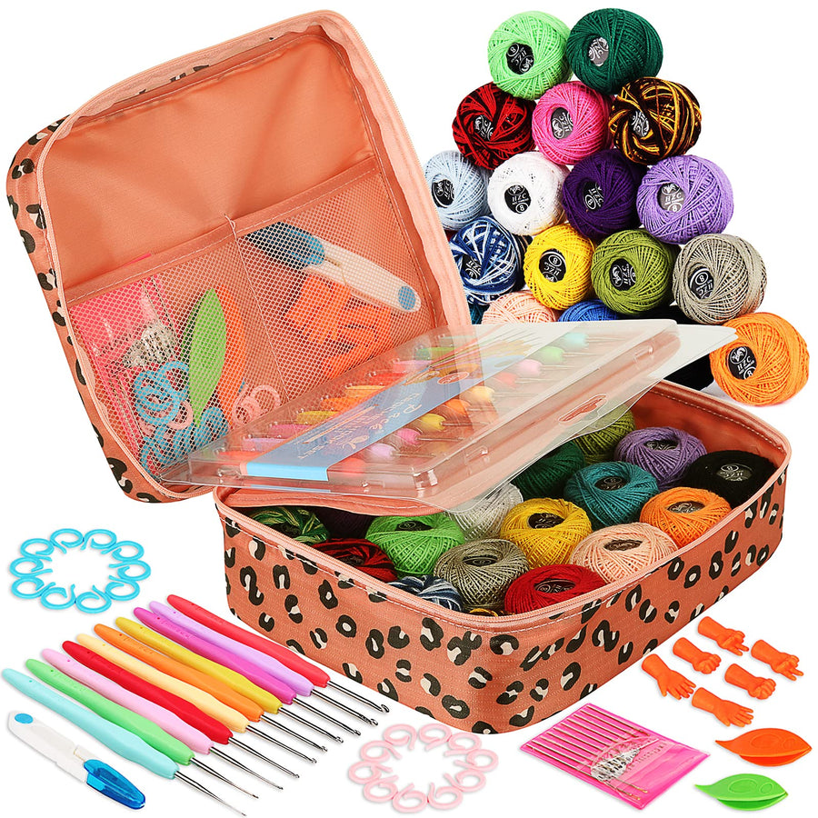 Crochet Kit Beginners Lace Crochet Hook Set with 20 Color Crochet Thread, 71PCS Crochet Set with Tiny Crochet Hooks Ergonomic Soft Grip, Travel Crochet Hook Case Full Knitting Crochet Supplies
