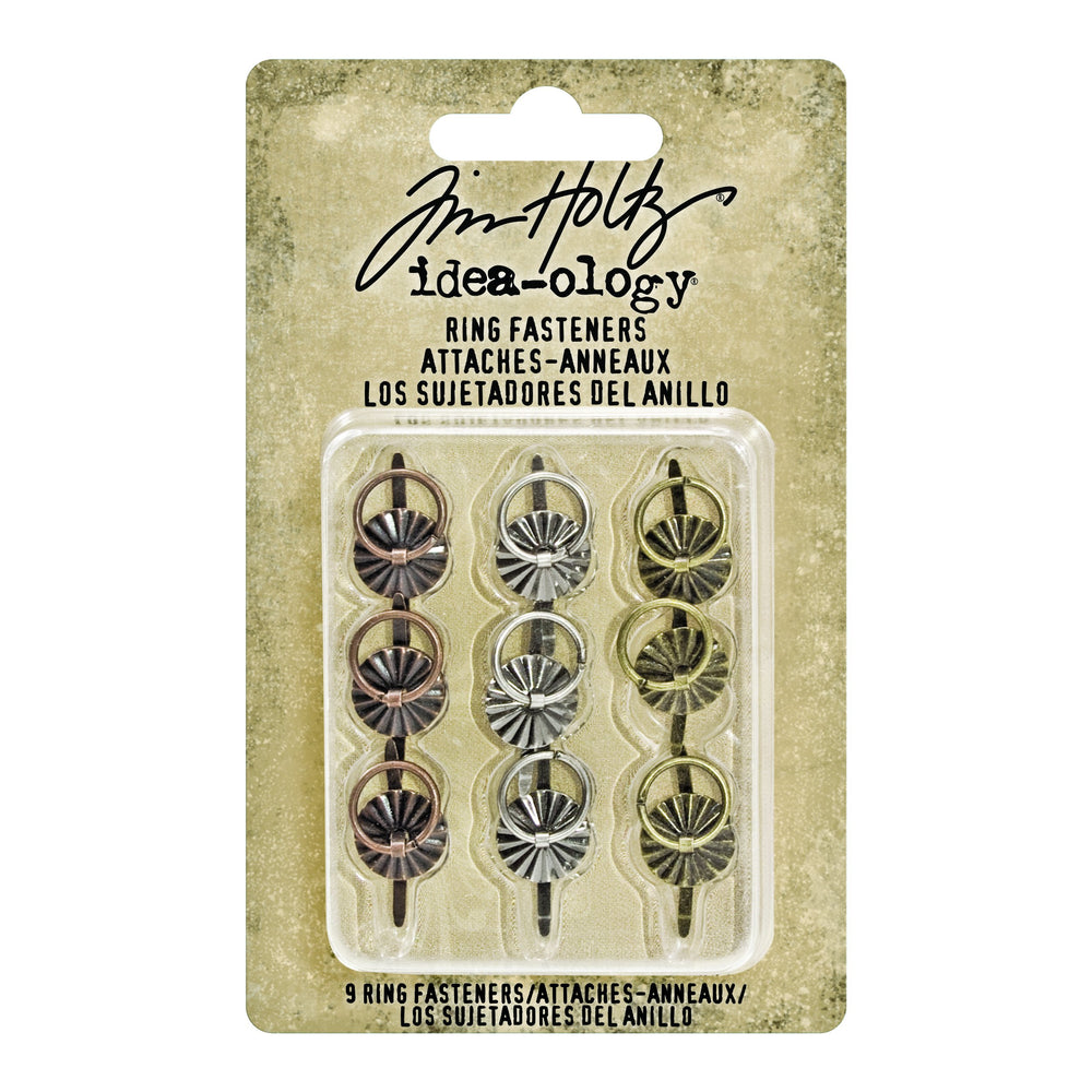 Ring Fasteners, 9 Brad Fasteners with Fluted Tops and Attached Jump Rings, Nickel, Brass, Copper, Craft Embellishments, TH93060