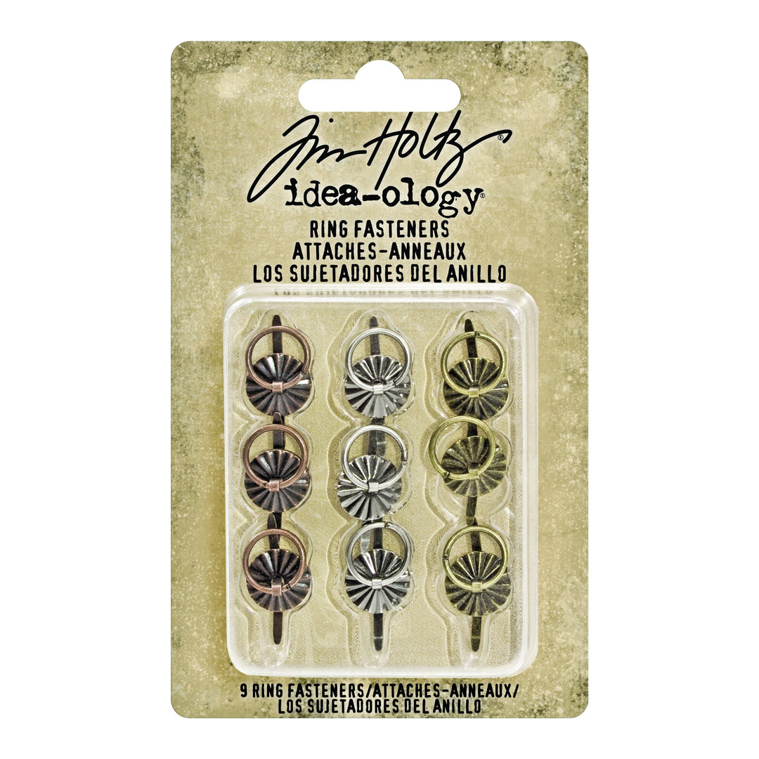 Ring Fasteners, 9 Brad Fasteners with Fluted Tops and Attached Jump Rings, Nickel, Brass, Copper, Craft Embellishments, TH93060