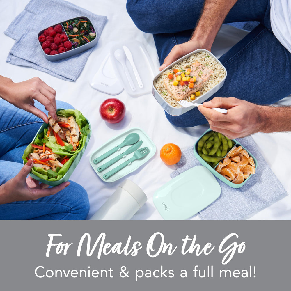 Classic - Adult Bento Box, All-in-One Stackable Lunch Box Container with 3 Compartments, Plastic Utensils, and Nylon Sealing Strap, BPA Free Food Container (Gray)